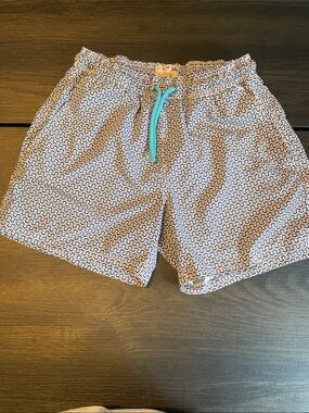 J. Crew White & Navy Geometric Swim Shorts with Teal Drawstring